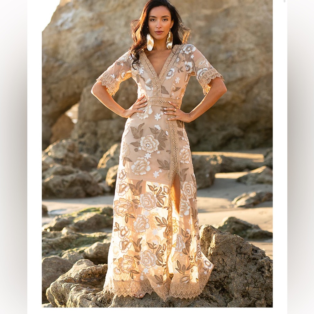 Joyfolie Floral Lace Maxi Dress - Tan and Cream
